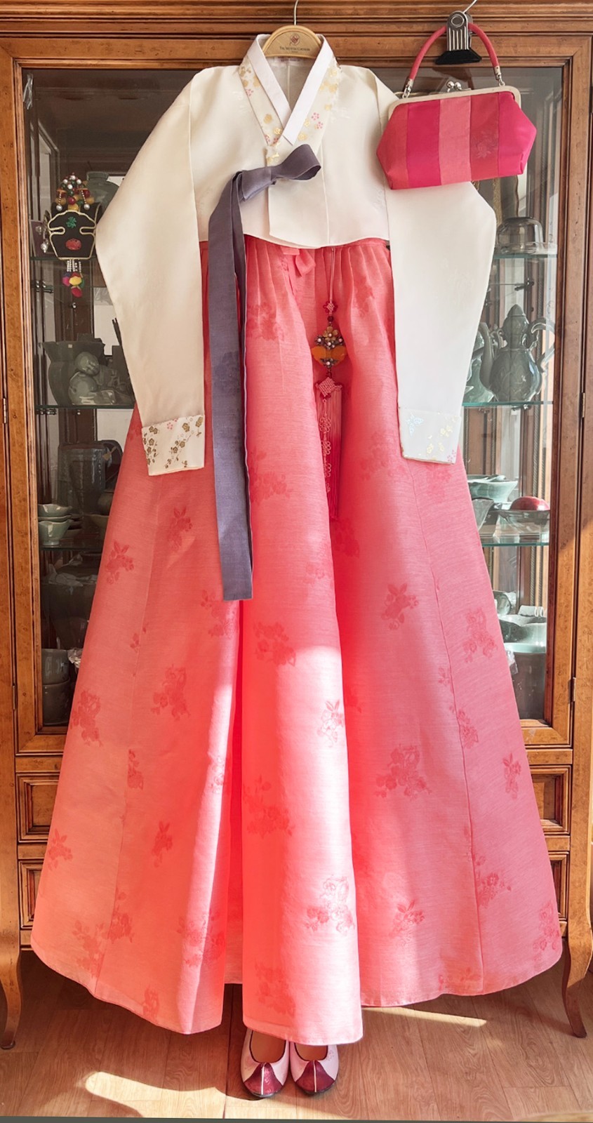 Korean Traditional Dress Hanbok Set-Ivory Jacket & Orange Skirt Bag & Petticoat