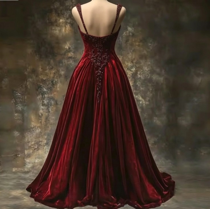 Victorian-style Ball Gown, Black Burgundy Gothic Lace Appliquéd Evening Dress