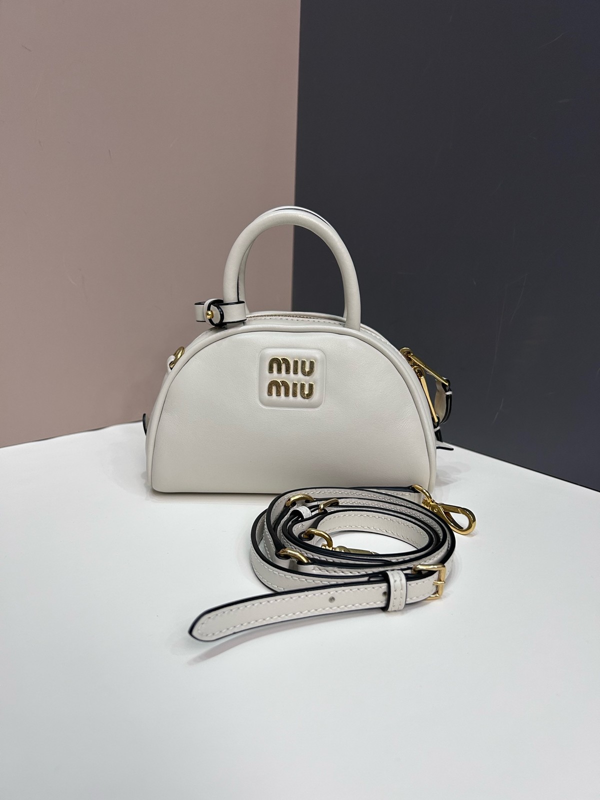 Authentic Preowned Miu Miu Mini Dome White Leather W/ Detachable Crossbody Strap
