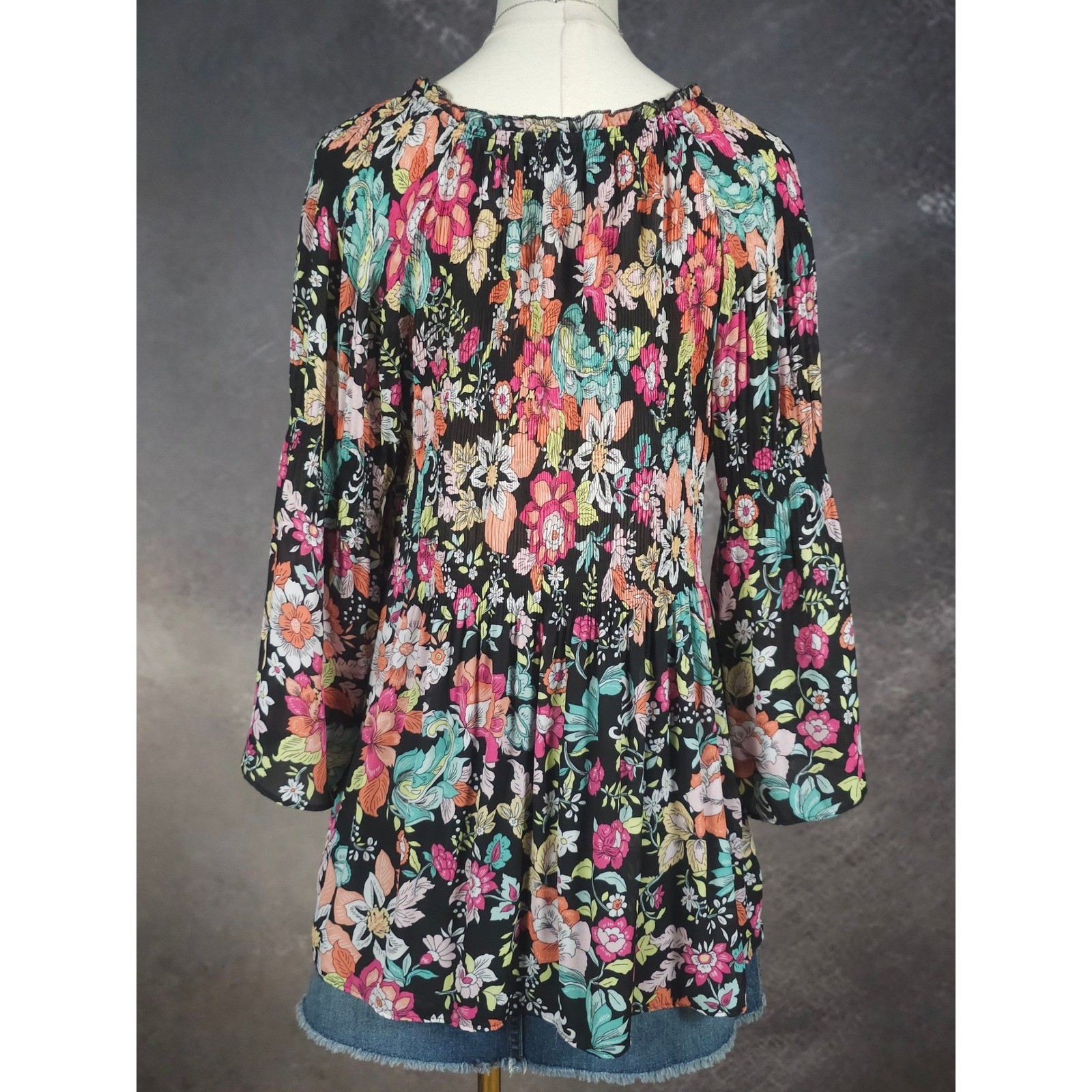 Ninety Clothing Co Boho Peasant Whimsygoth Floral Tunic Blouse Pleated Top M