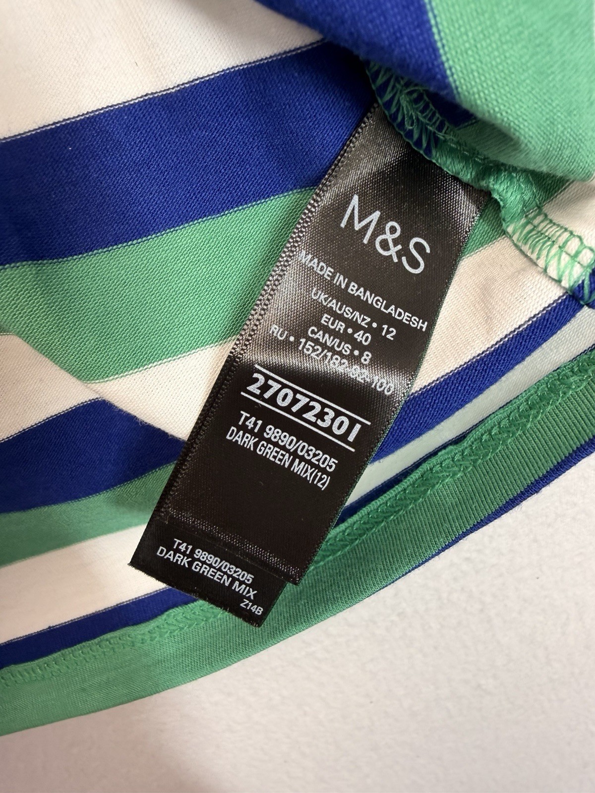 M&S Collection Striped Top UK 12 Blue Green White 3/4 Sleeve Stretch Jersey
