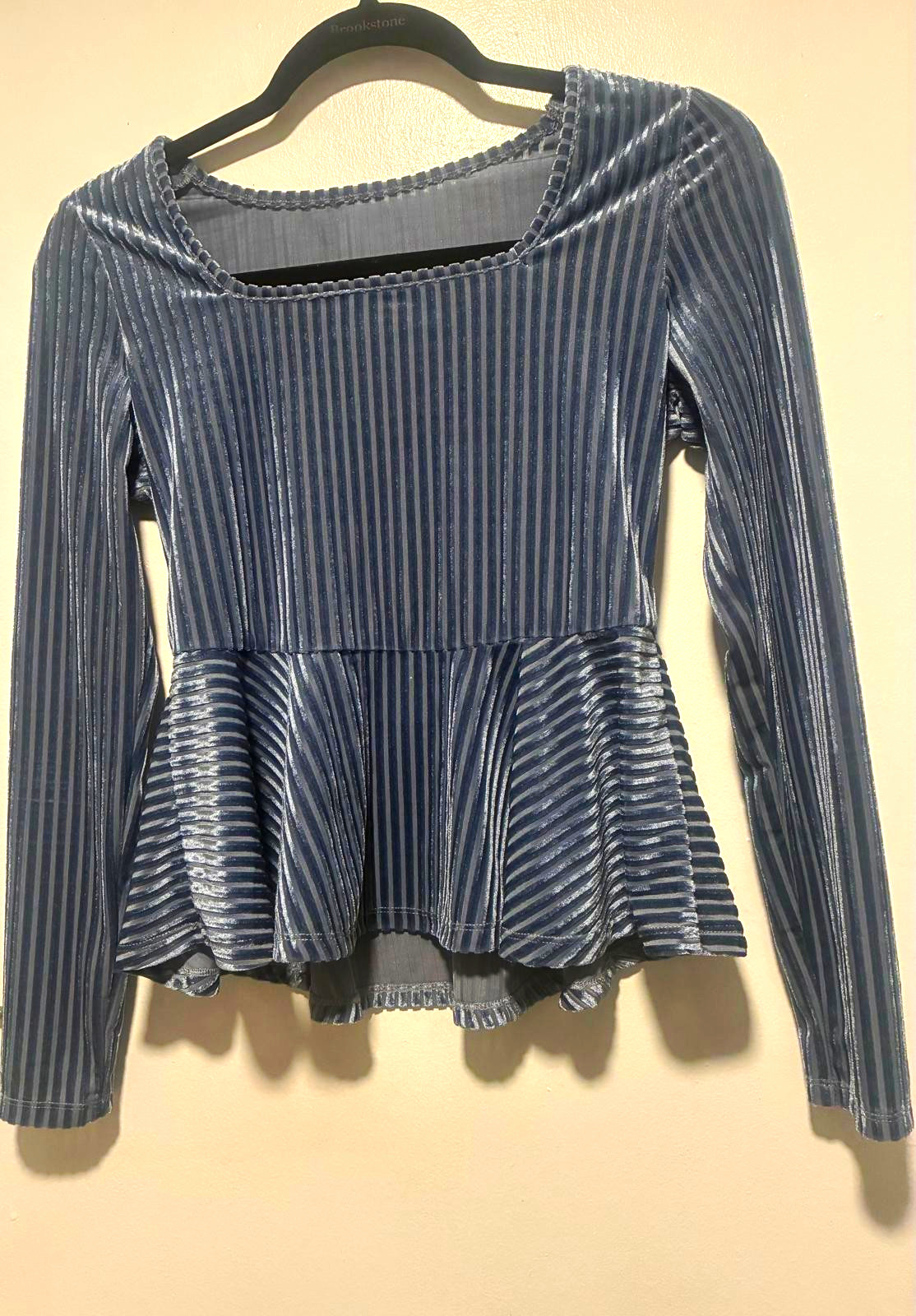 Blue Striped Ribbed Velvet Square Neck Long Sleeve Peplum Ruffle Top XS