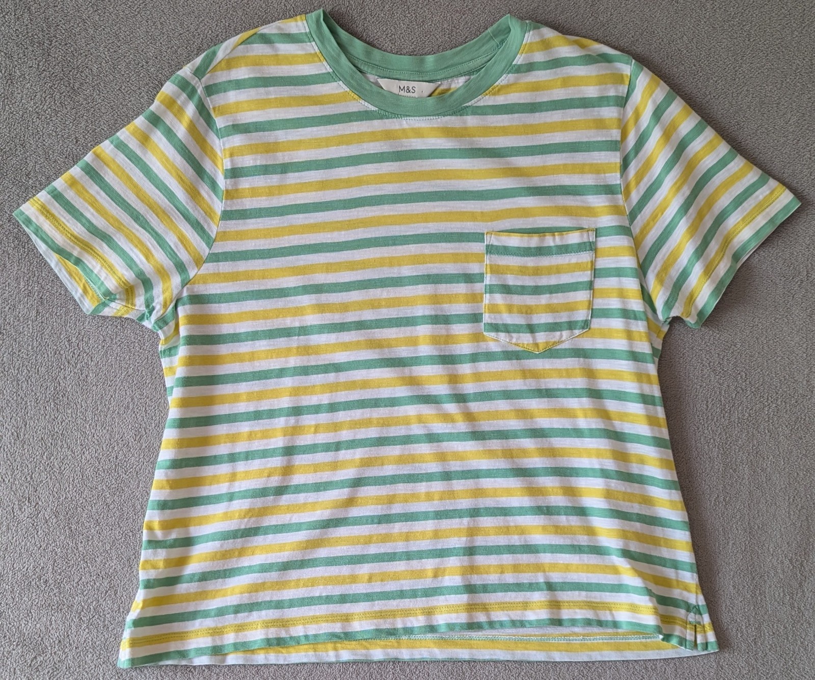 M&S Marks & Spencer T-Shirt Top Size 16 Yellow Green White Striped 100% CottonVG