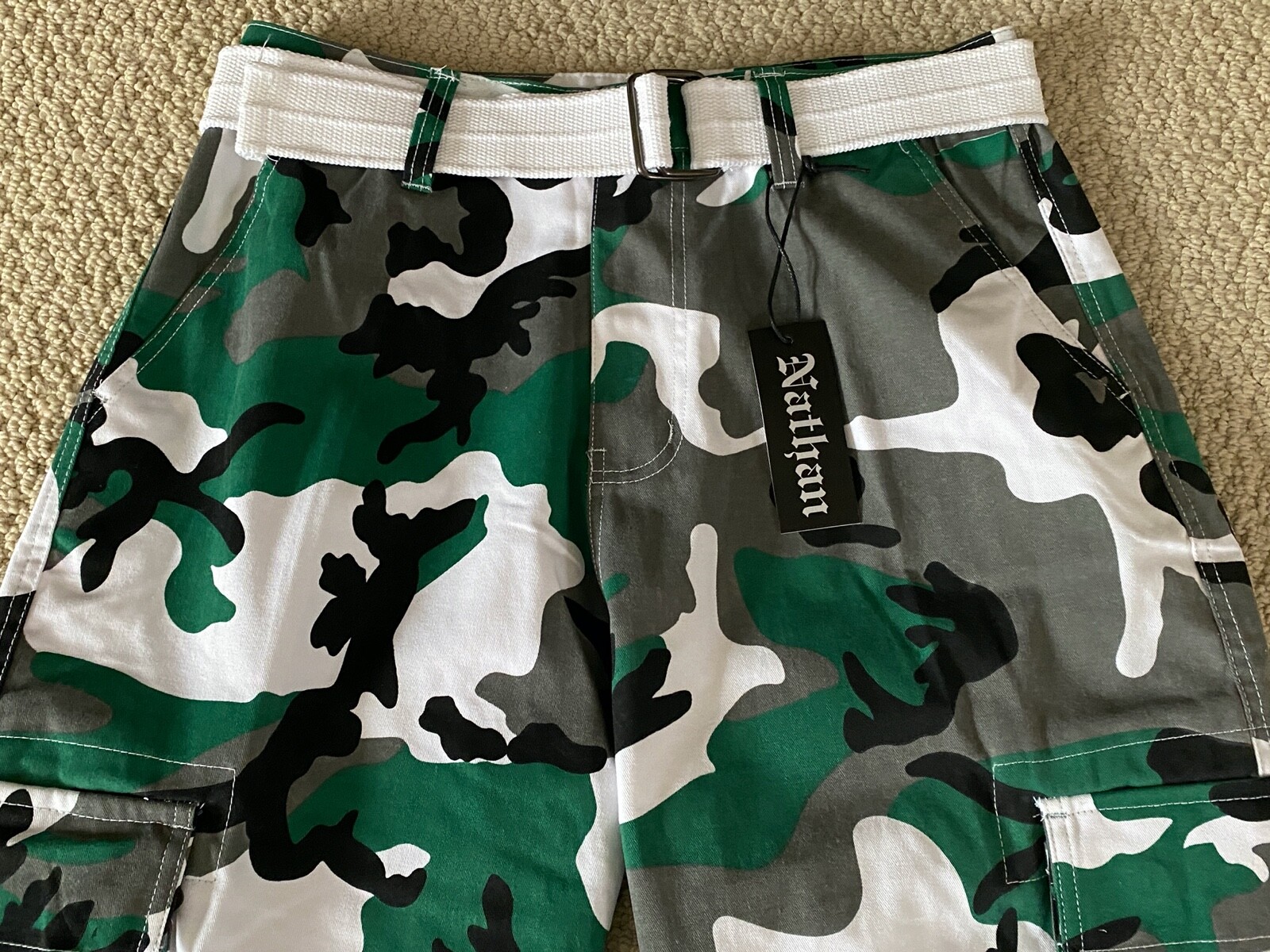 NWT Men’s Nathan Green White Camouflage Camo Belted Cargo Pocket Shorts ALL SIZE