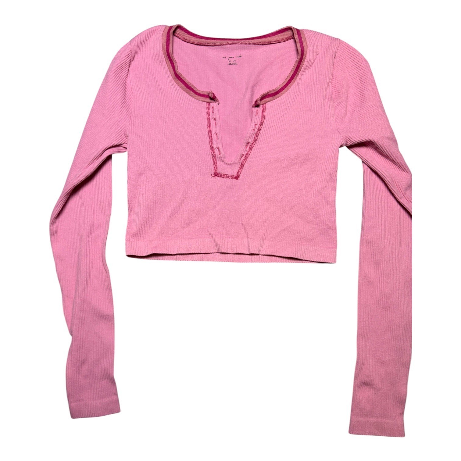 Out From Under Pink Ribbed Split Neck Crop Top Long Sleeve M/L Urban Outfitters