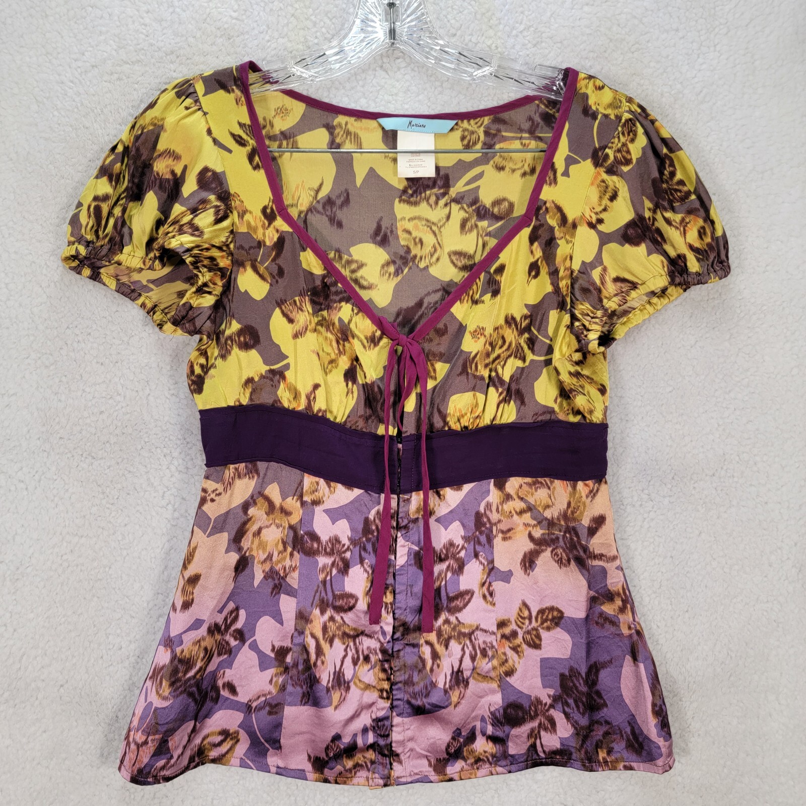Marciano Women Top Size S Yellow Floral Ombre Silk V Neck Y2K Puff Sleeve Blouse