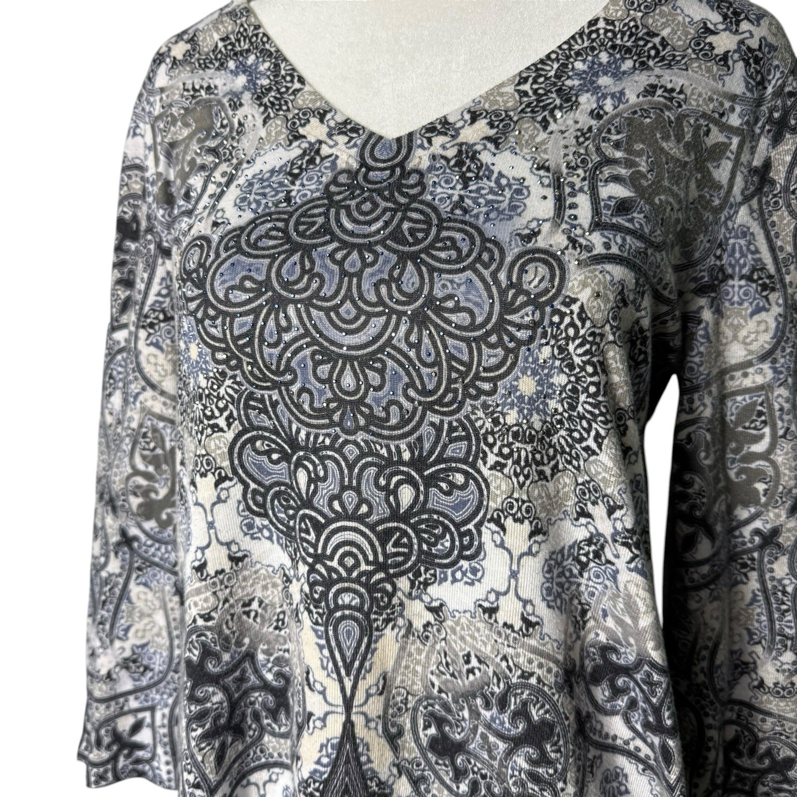 One World Paisley Rhinestone High Low Tunic Boho Hippie Top Size PL Whimsigoth