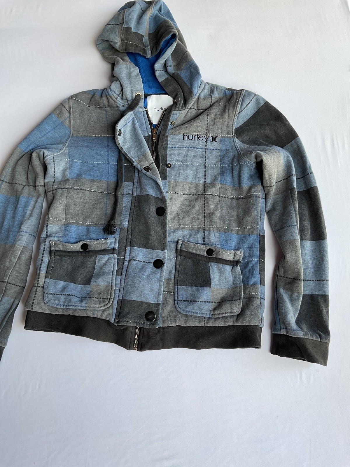 08/05 008Hurley Men’s Medium Plaid Hooded Jacket with Front Pockets