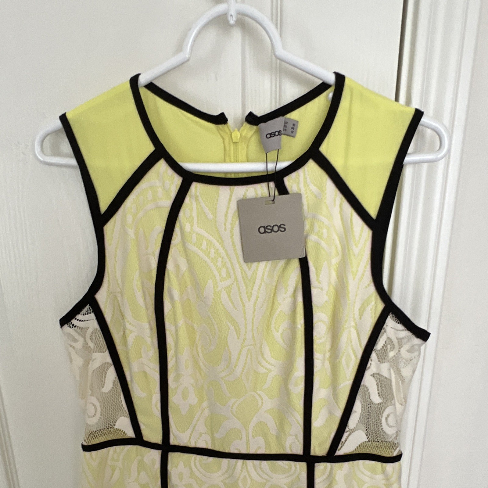 NWT ASOS Dress 12 / 16 Yellow Lace Pencil Bodycon Black Trim Sleeveless Party US
