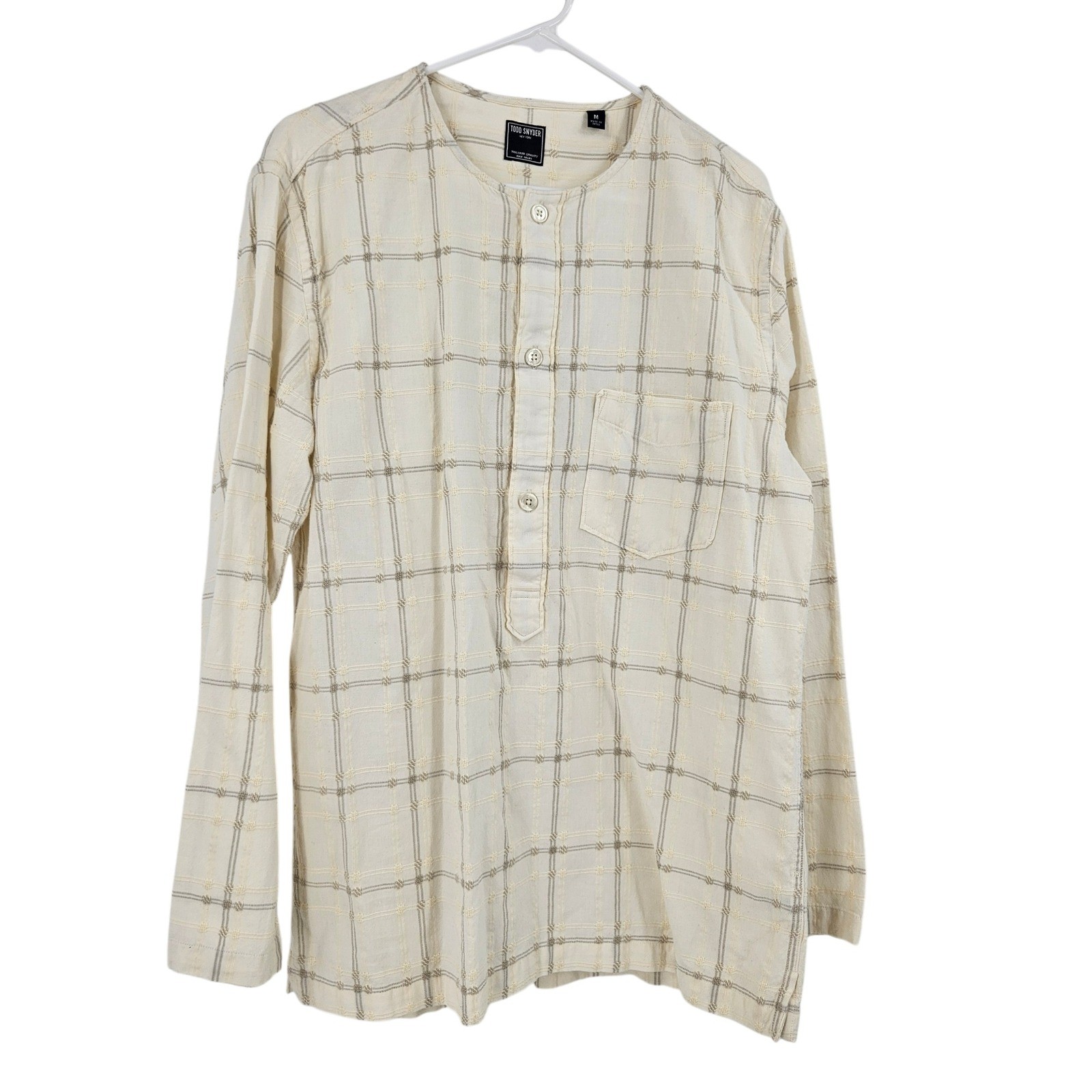 Todd Snyder Mens Shirt Cream Plaid Dobby Cotton Henley Popover Long Sleeve Sz M