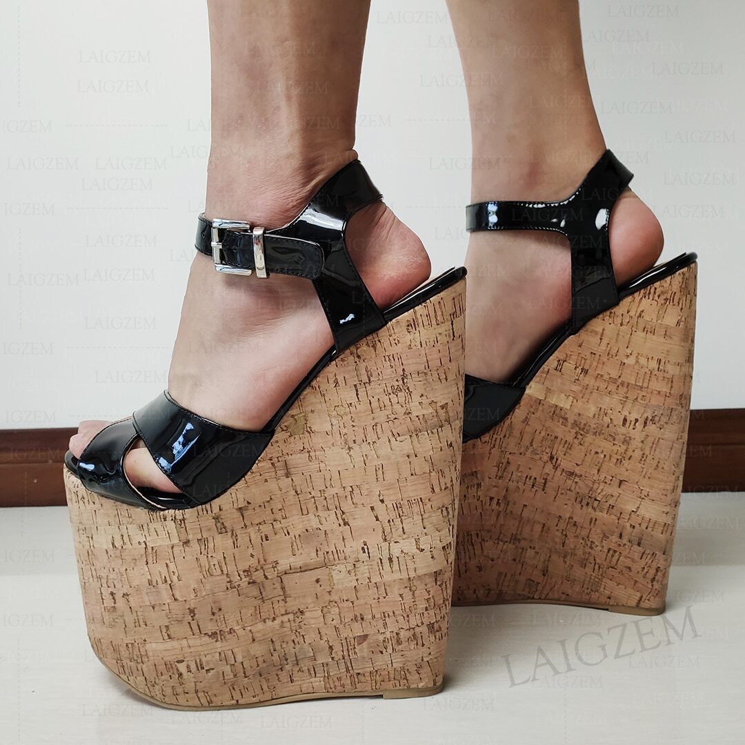Women Pumps Platform Wedges Open Toe Shiny Ankle Strap 22CM High Heels Ladies