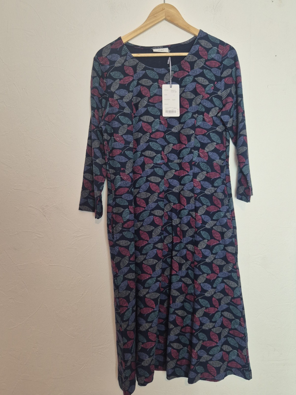 Adini Brand New Tags Navy Blue Leaf Print Juliet Dress UK Size Large L BNWT A02