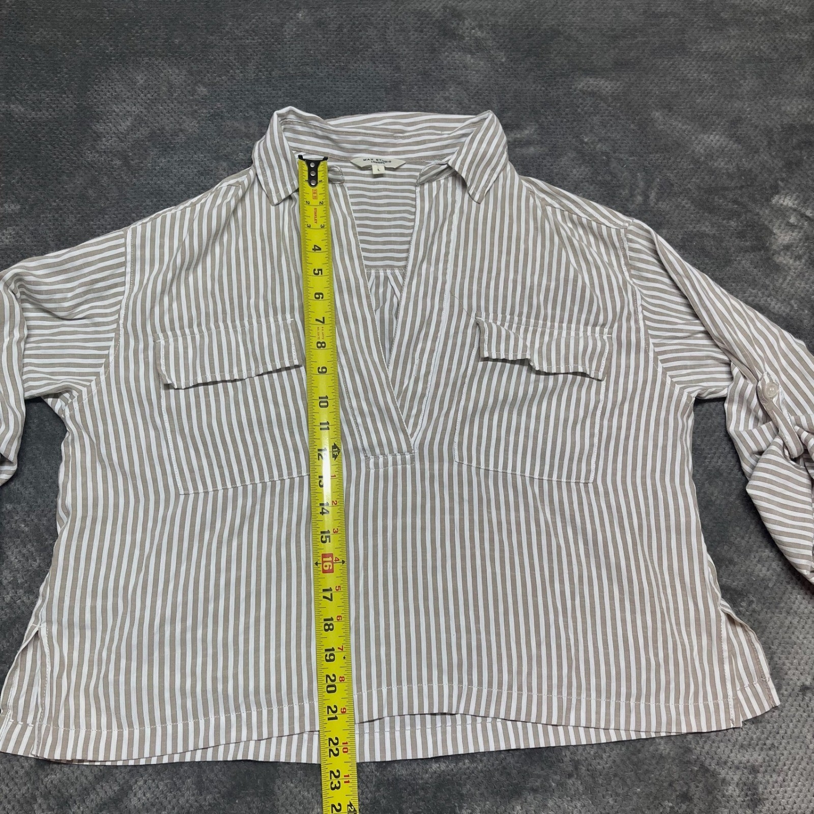 Max Studio London Tan White Striped V-Neck Roll Tab Sleeve Tunic Top Large