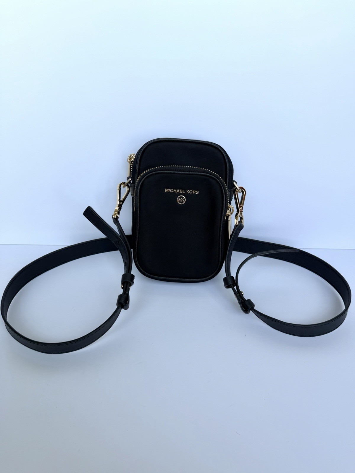Michael Kors Black Crossbody Phone Bag, Zip Closure, Gold Hardware, Small