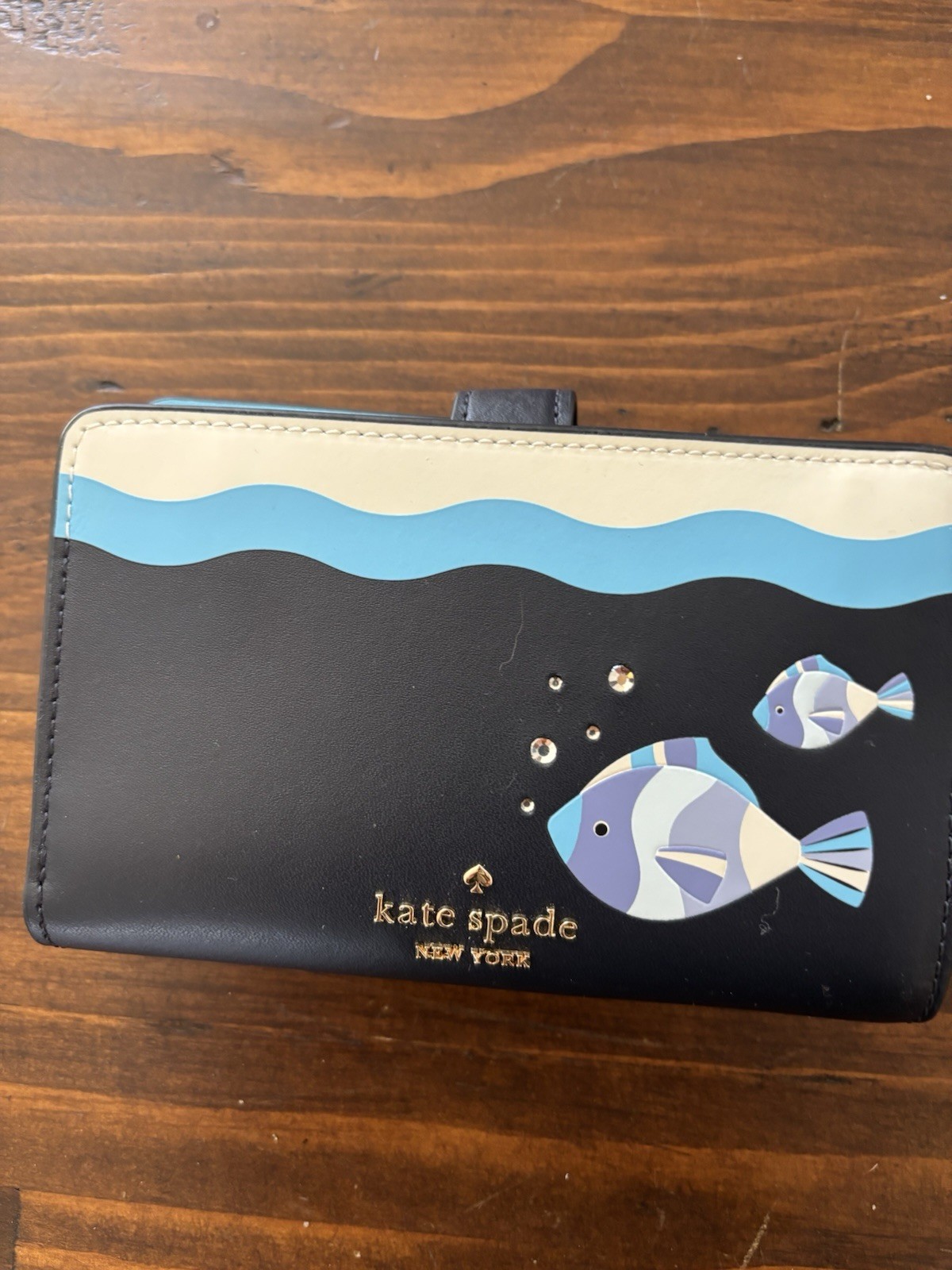 Kate Spade New York Women’s Wallet Fish Pattern Logo Zipper, Black Blue Beige