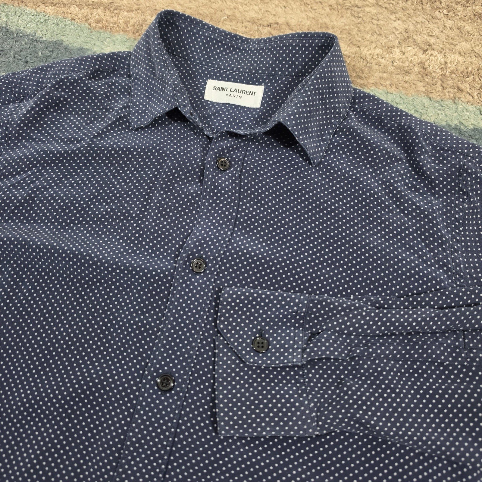 Saint Laurent Paris 100% Silk Polka Dot Dress Shirt Mens 39 15.5