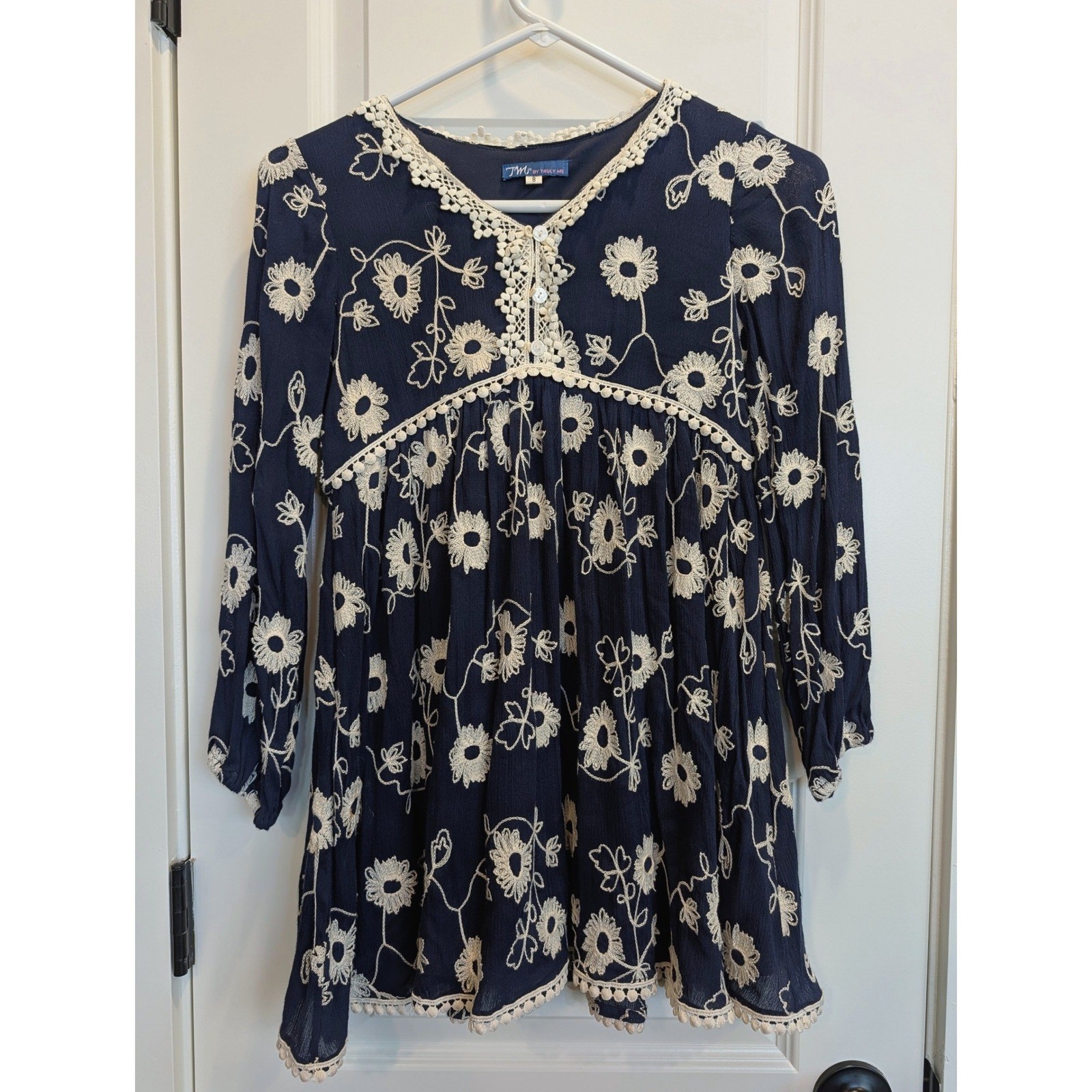 Truly Me Floral Boho Floral Embroidered Navy Tunic Top