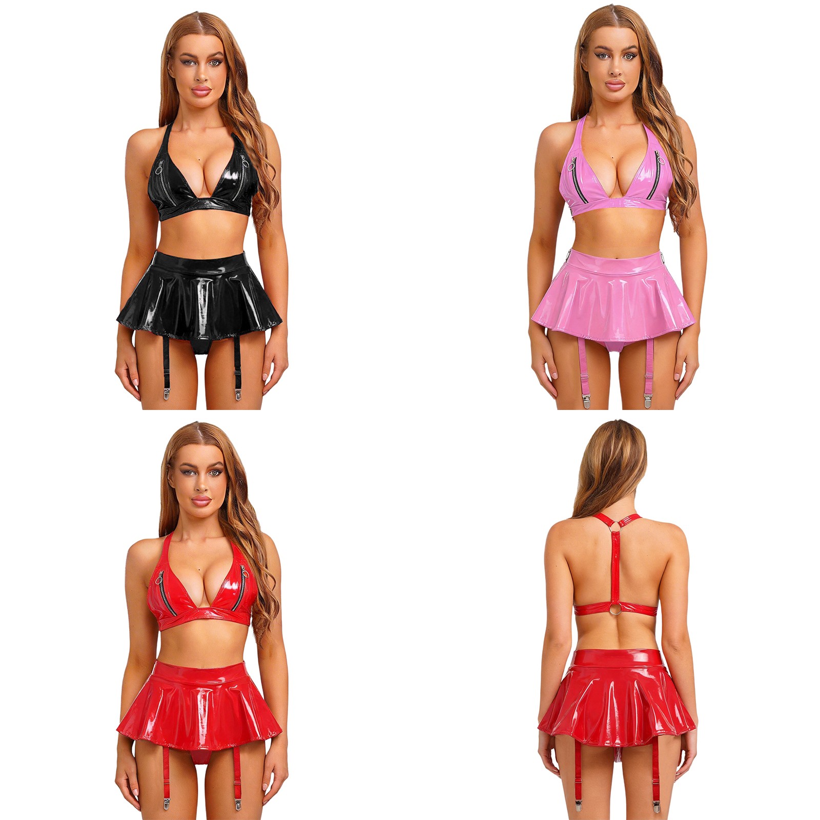 Women’s Wet Look PVC Leather Lingerie Set Latex Bra Top and Miniskirt Clubwear
