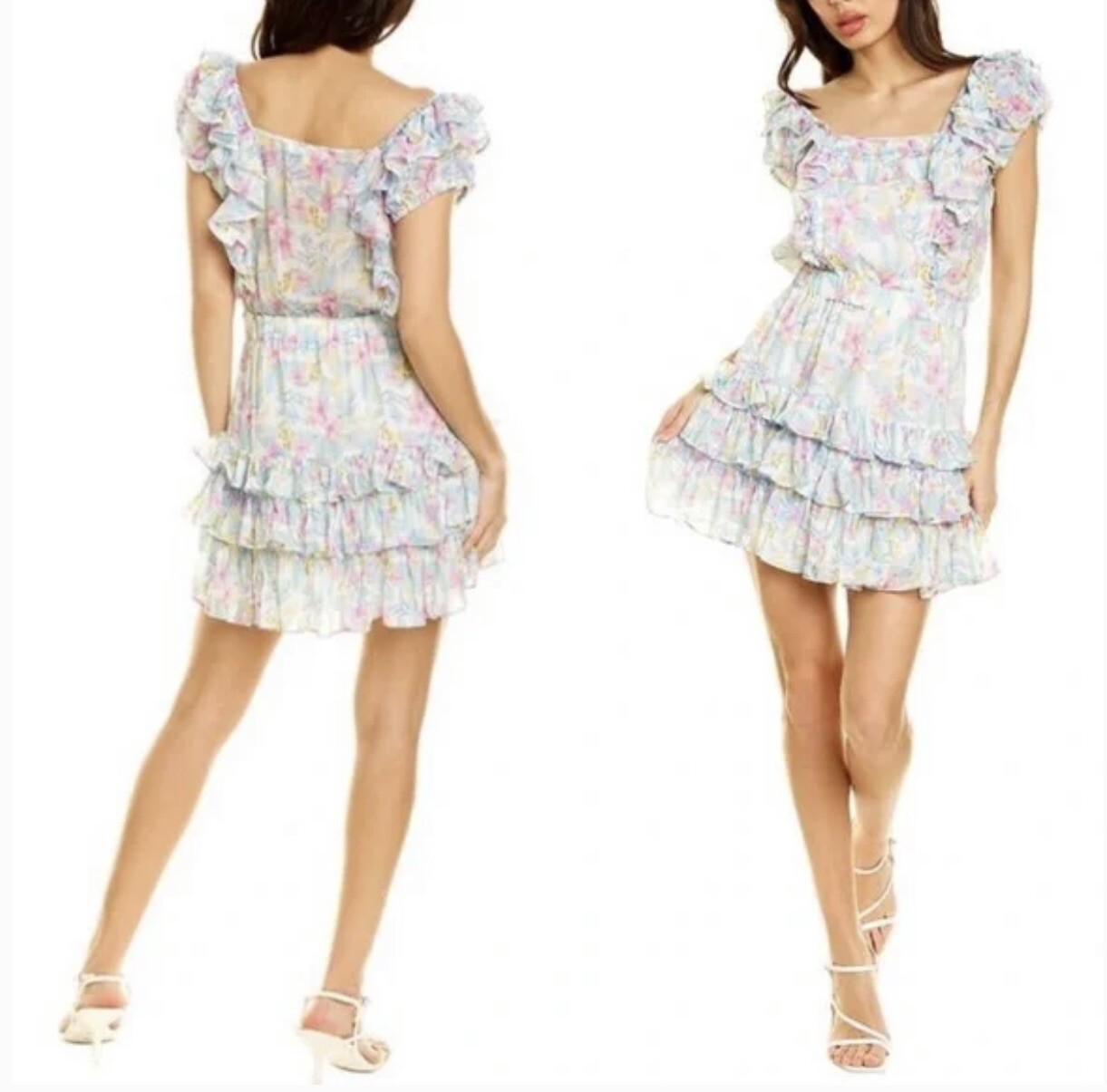 LOVESHACKFANCY Womens Dress Size XS Ivoire Floral Chiffon Mini white ruffle Blue