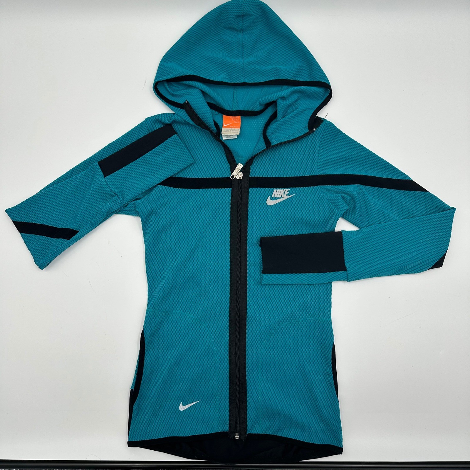 Nike Dry Fit Womens Teal Waffle Knit Full Zip Hoodie Mesh Jacket Small 19542