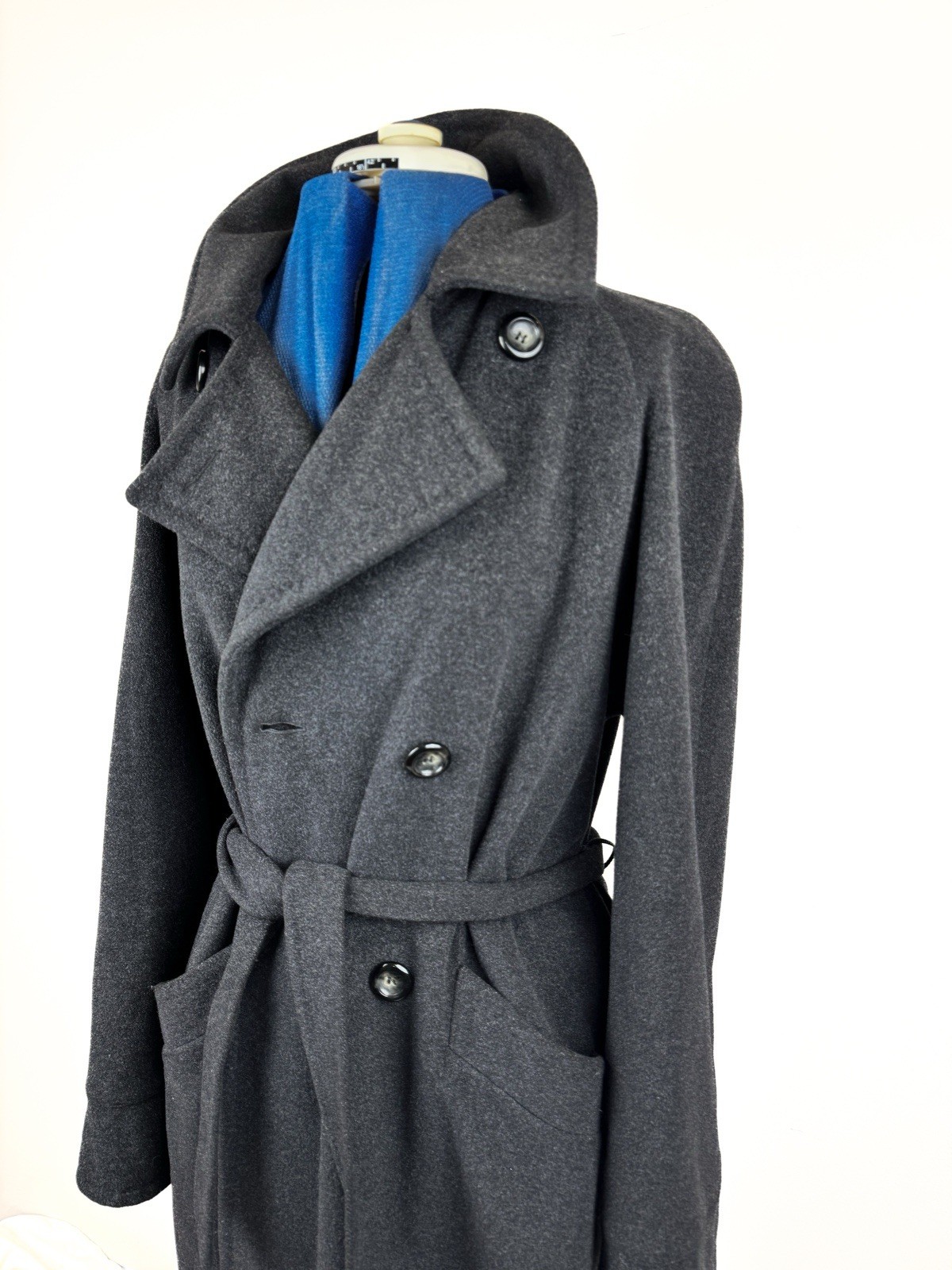 Vintage 90s BHS Virgin Wool Angora Maxi Coat Charcoal Grey Belted Overcoat UK14