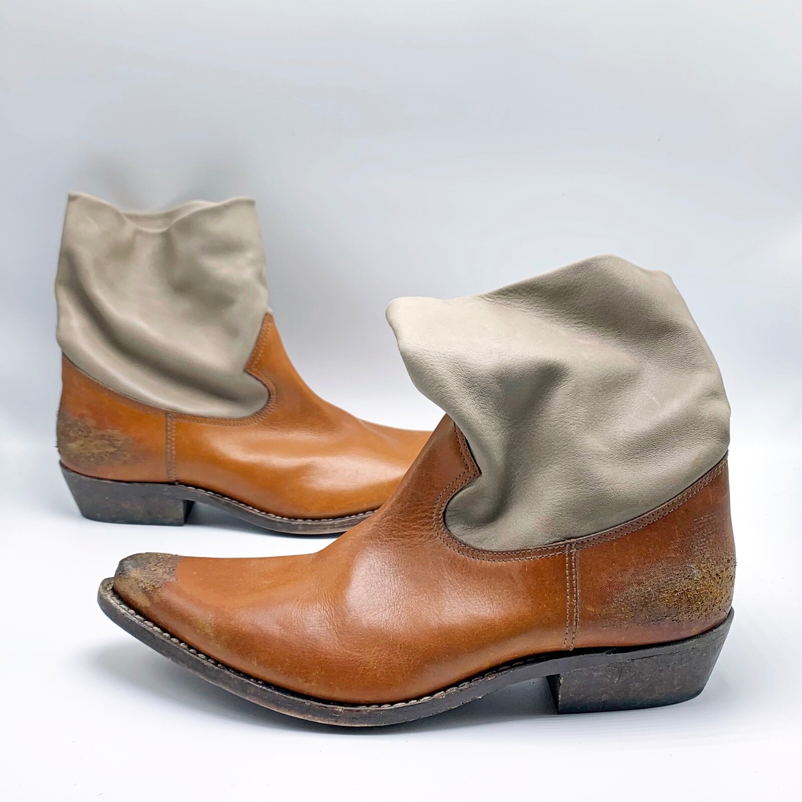 $950 Golden Goose Tribute Distressed Cowboy Western Ankle Boots Brown Grey 38
