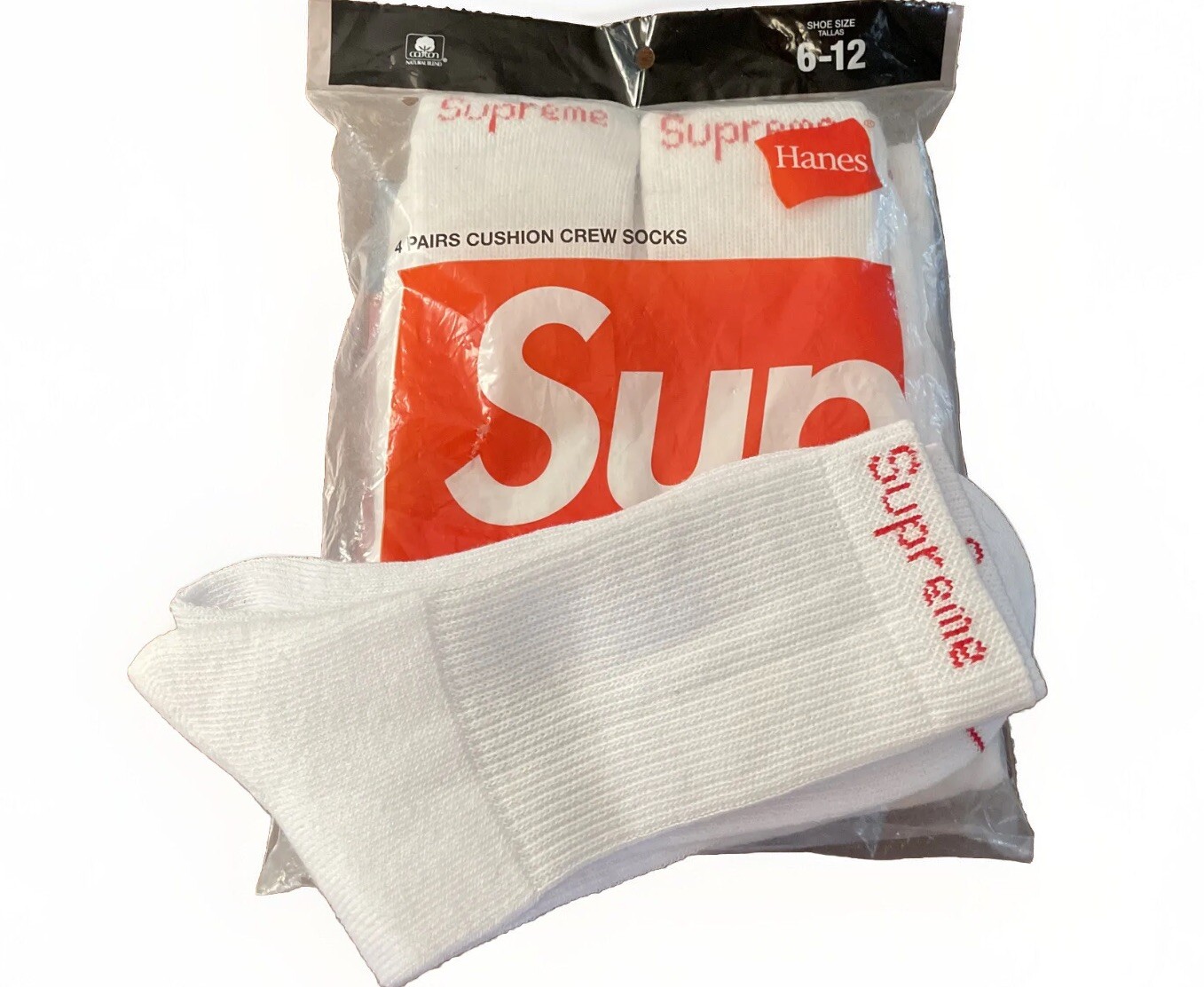 SUPREME/ HANES WHITE SOCKS (SINGLES) (ONE PAIR) AUTHENTIC BRAND NEW (NOT A PACK)