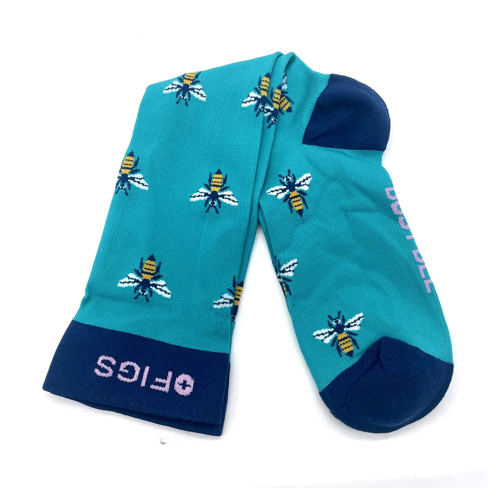 1 Pair FIGS Compression ‘Bee’ Blue Green Socks Size Medium