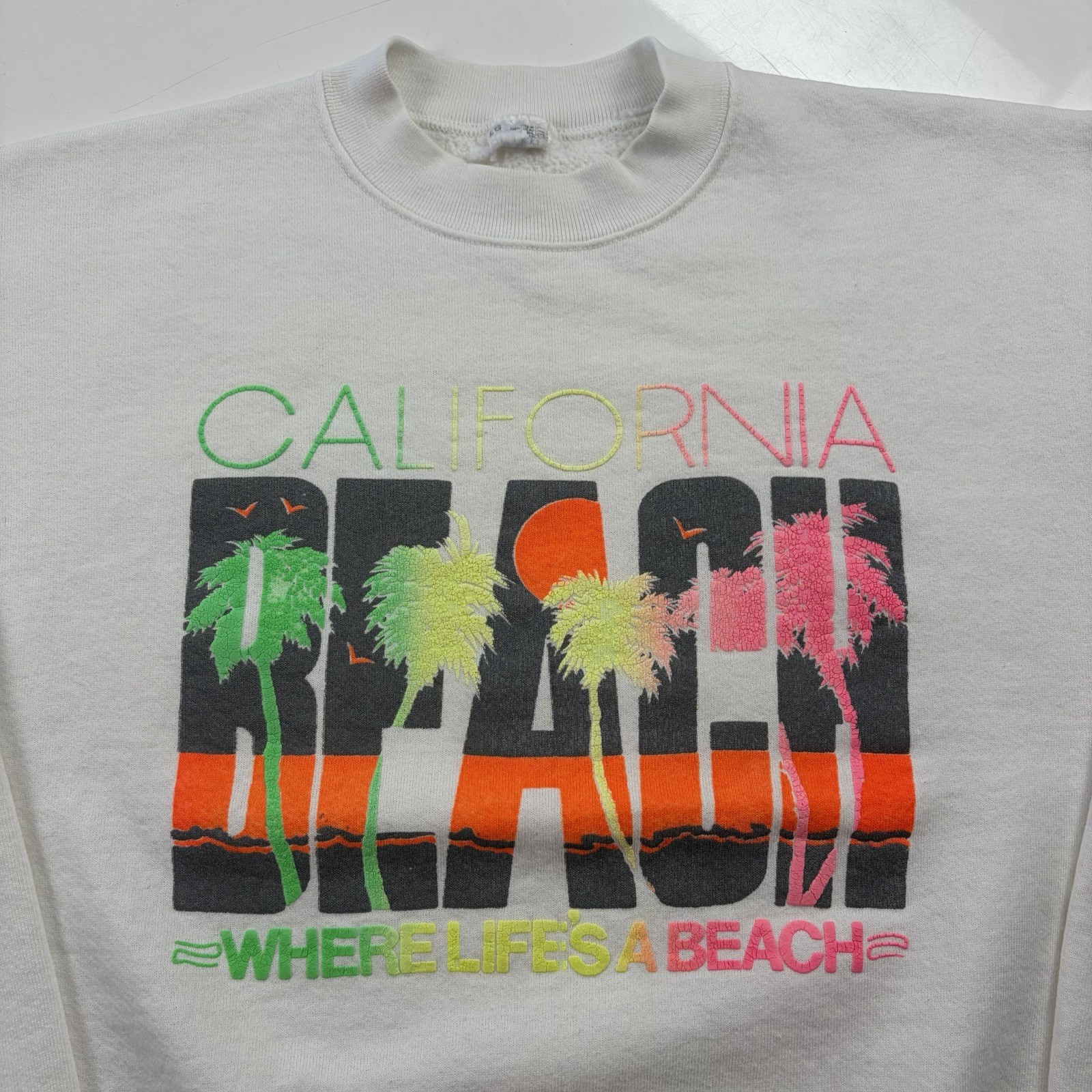Vintage California Beach Crewneck Sweatshirt White Mens Large