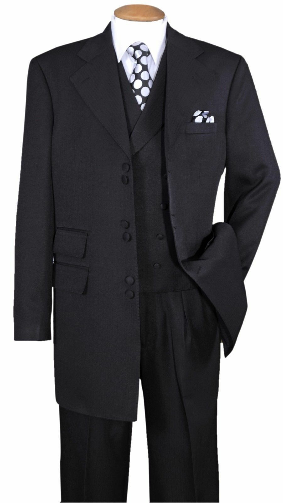 New Men’s High Fashion Zoot Suit With Vest Two Side Vents 35″ Length Black