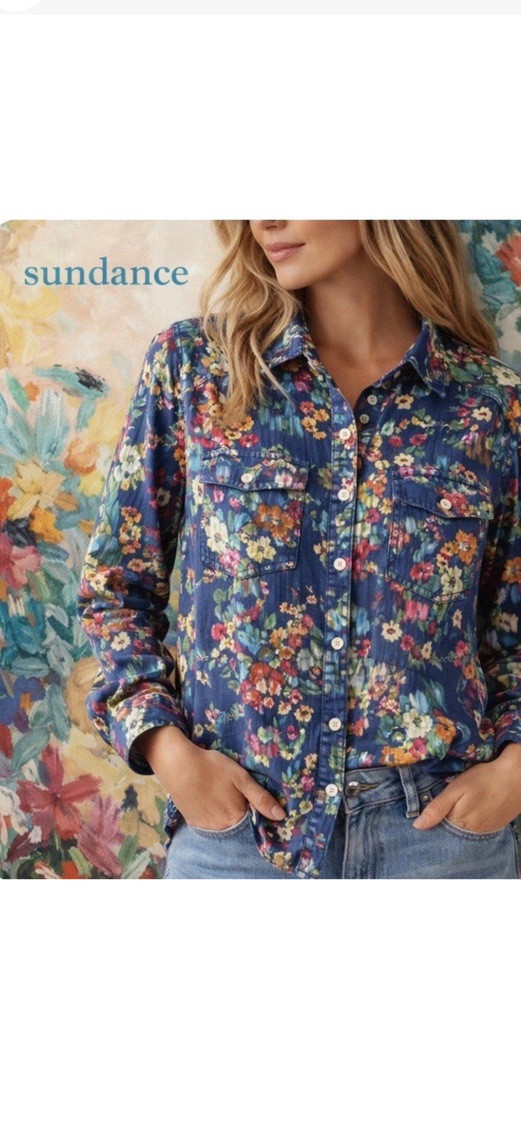 Sundance Women’s XXL Floral Button Front Blouse Painterly Boho Cotton Top