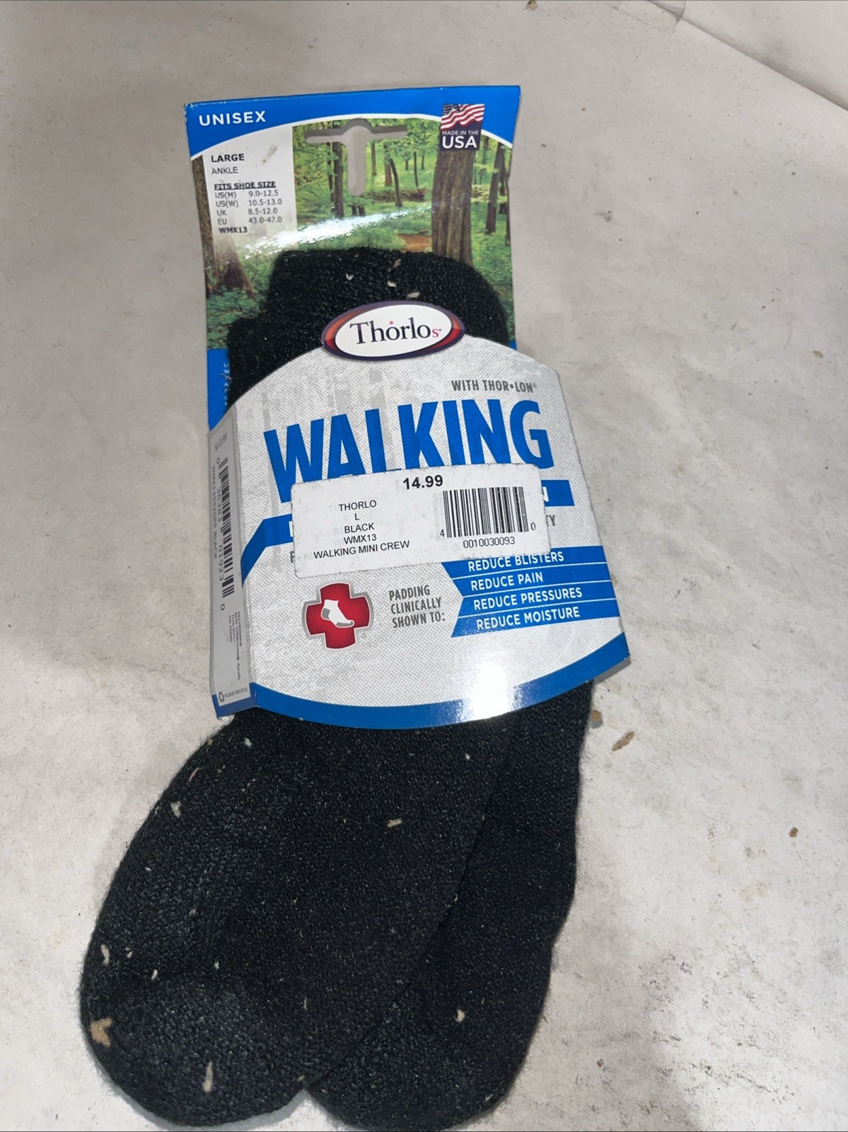Size L- Thorlos WMX13 Black Walking Mini Crew Sock 1 Pair With Defects