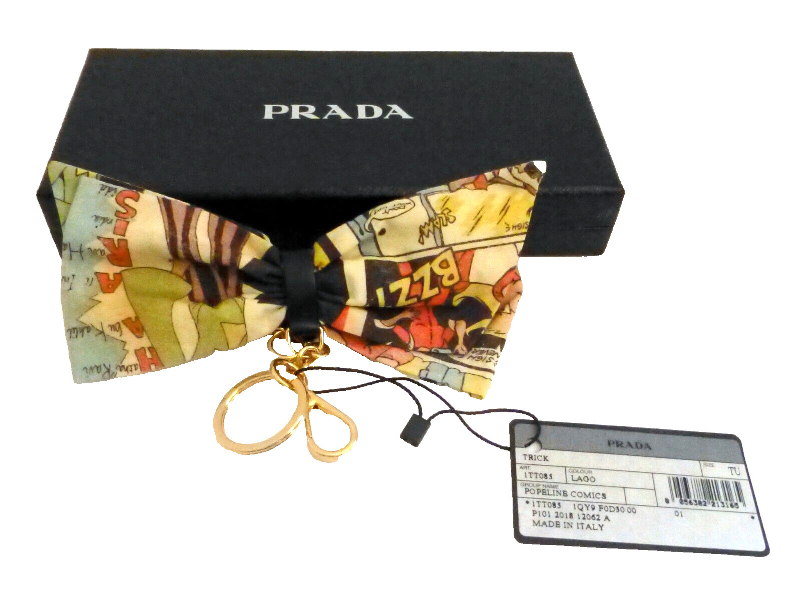 Prada Keyring Chain Purse Charm Popeline Comics Print Fabric Bow NWT