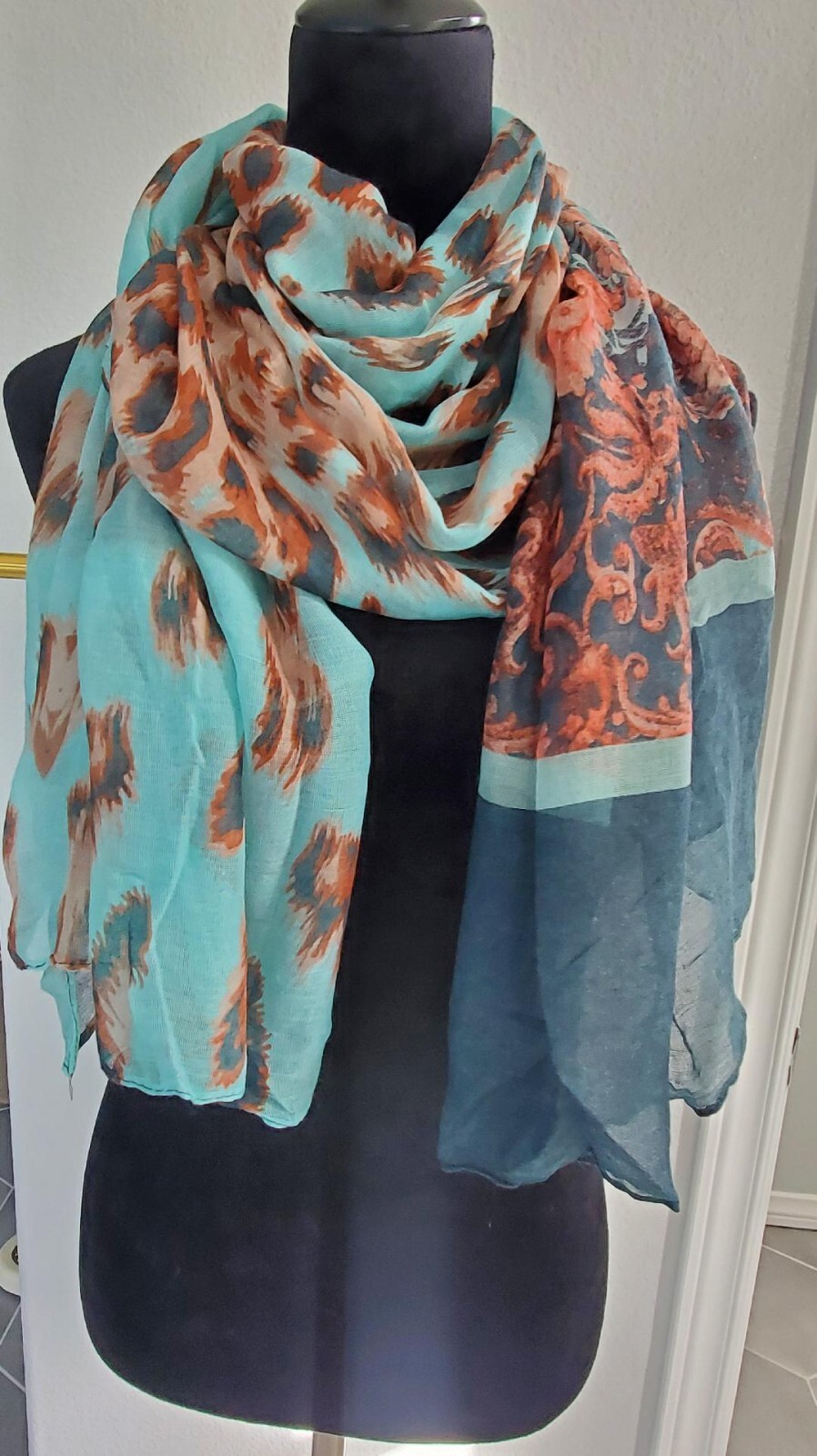 Maya Antonia Lightweight Soft Voile Scarf/Shawl,Teal-Aqua-Orange-Brown Leopard