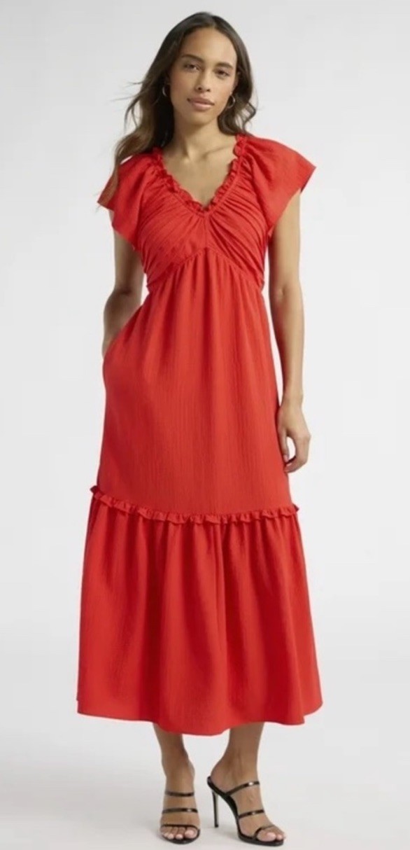 Sophia Vergara Jeans Flutter Sleeve Dress Fire Side Below Calf Length NWT