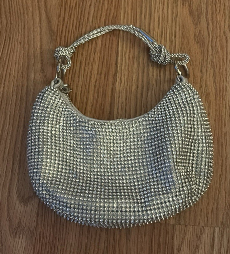 Silver Rhinestone Clutch Purse Top Handle Detachable Chain Strap