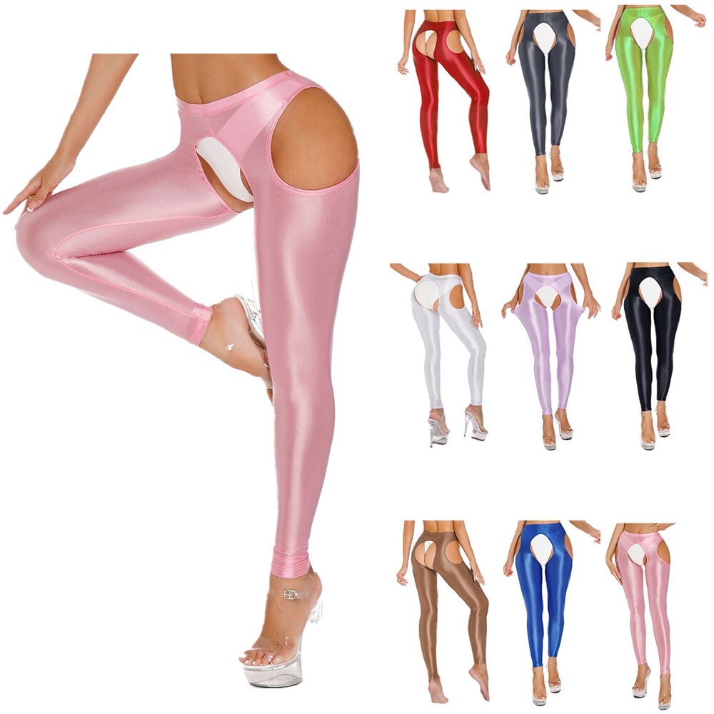 US Womens Glossy Crotchless Tights Pants Stretchy Elastic Fitness Yoga Trousers