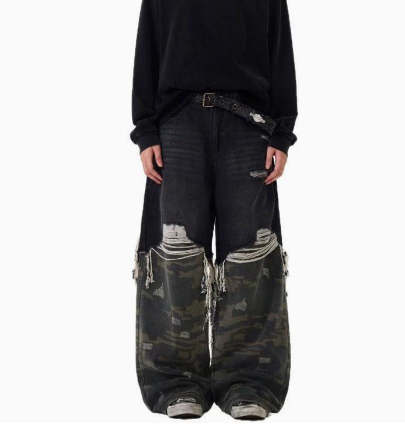 Men Black Camouflage Mixed Denim Jeans Straight Leg Casual Punk Hip Hop Trousers