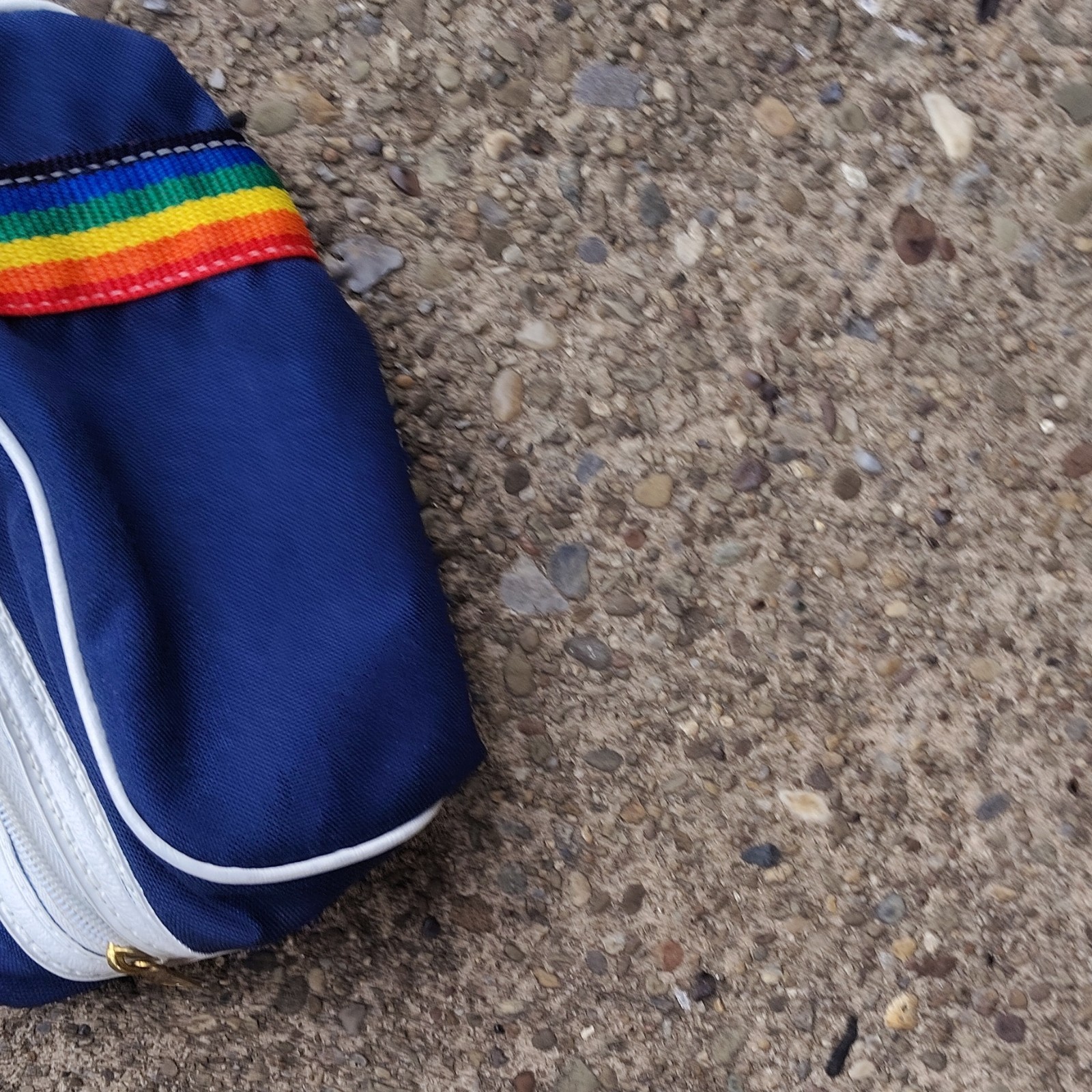 Blue Women’s Zip Pouch Bag, Solid, Rainbow Strap Accent, Gold Hardware