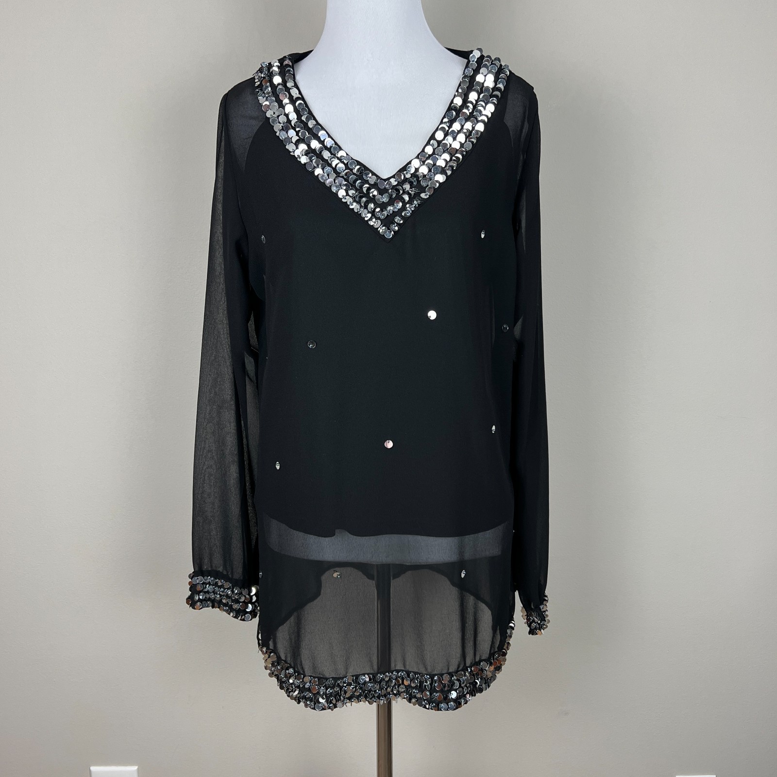 Cervelle Whimsigoth Tunic Top Womens Small Black Semi Sheer Sequin Trim Lined S