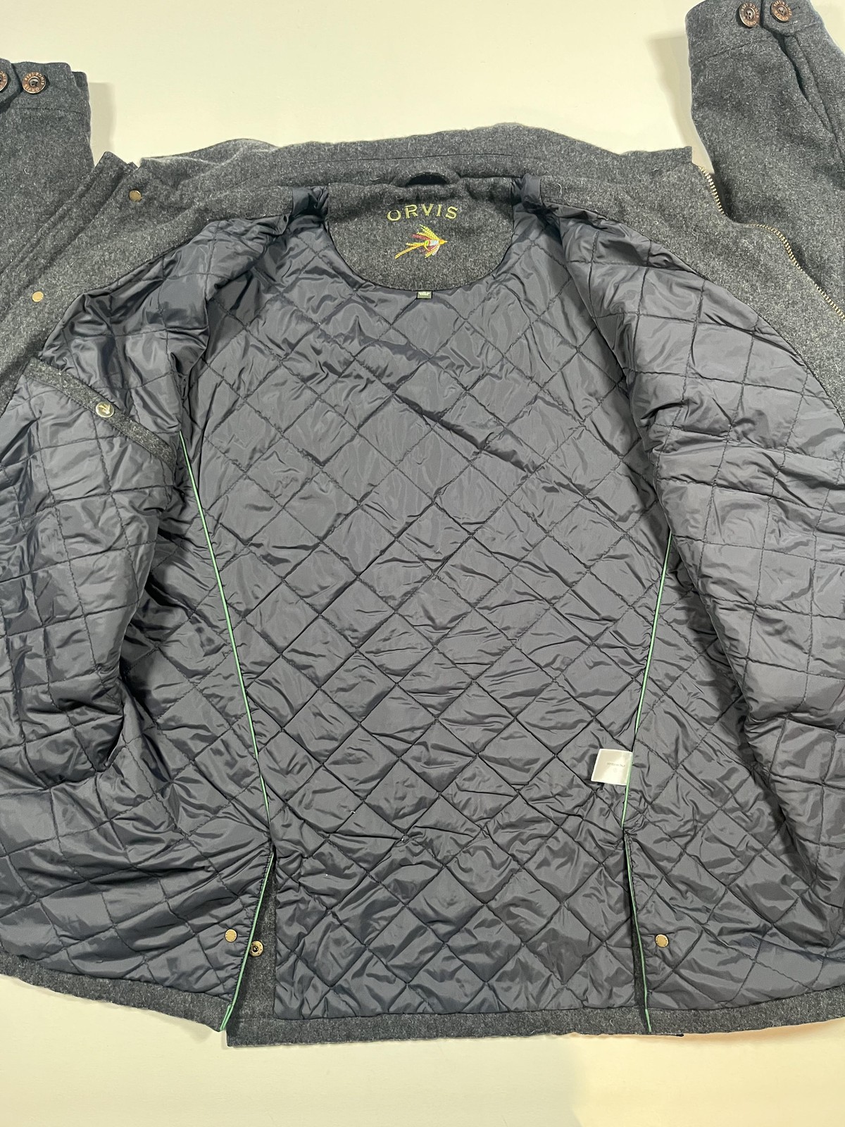 Orvis Coat Mens XL Gray Wool Tweed Quilted Lined Full Zip Pockets Outdoor Casual