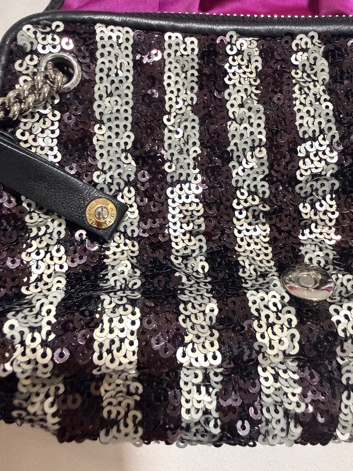 Henri Bendel Black & Silver Sequin Striped Clutch Chain Strap Purple Lining