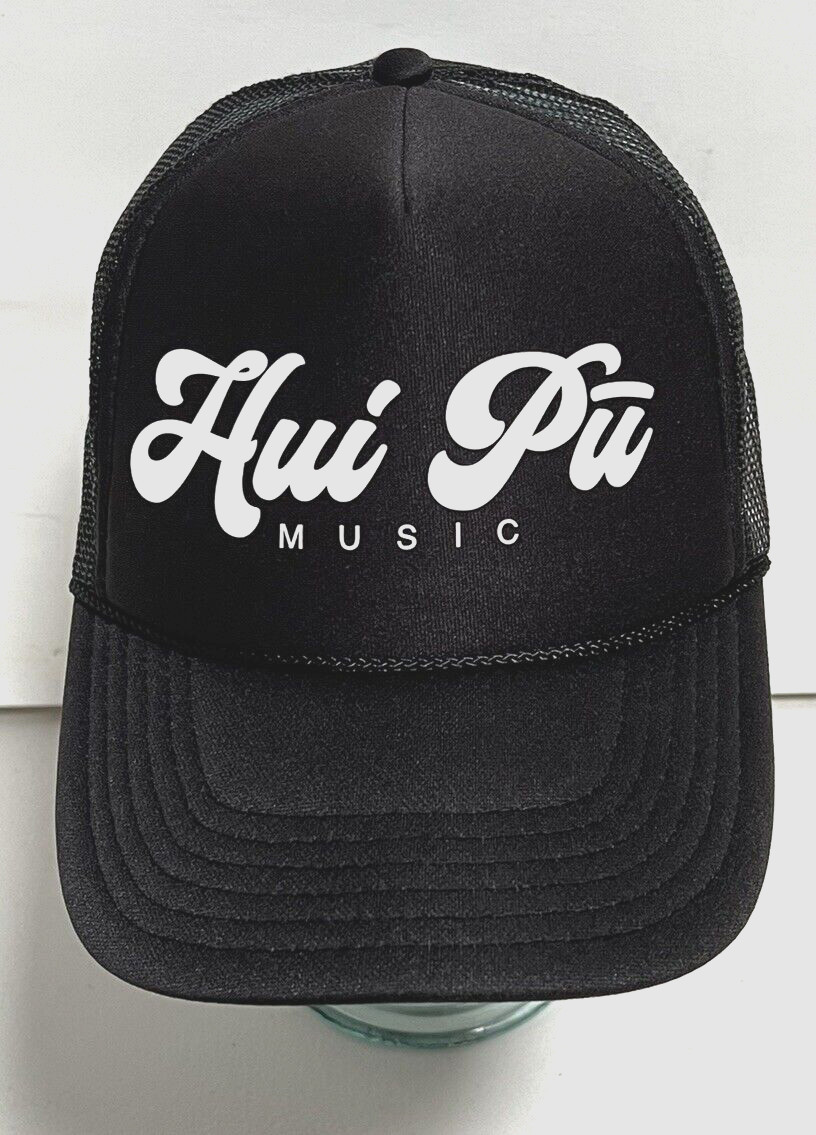 Hui Pu Music Black Adjustable Trucker Mesh Hat Hawaiian OSFM