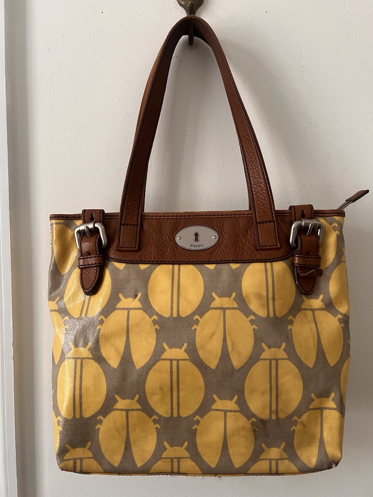 Fossil Key Per Yellow Coated Canvas Leather Trim Ladybug Printed Tote Bag