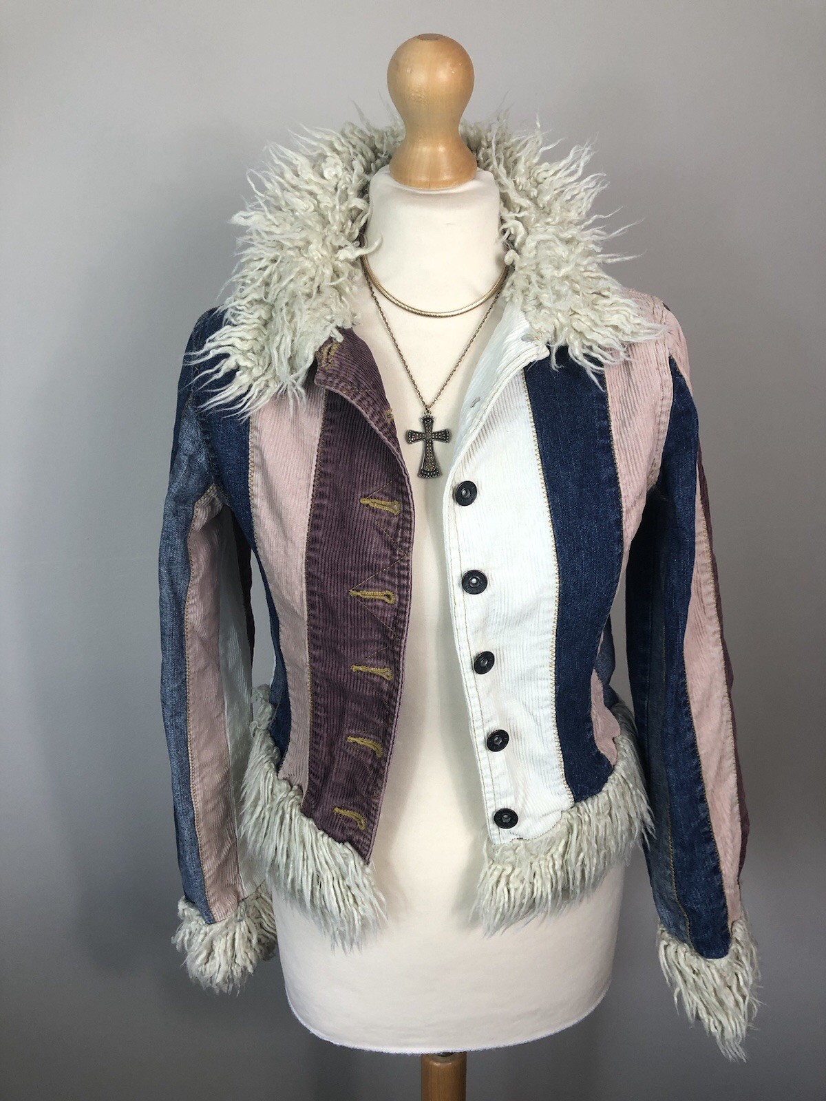 Miss Posh Denim Cord Striped short Penny Lane Afghan coat Jacket Size 8