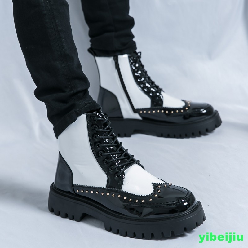 New Men’s High Top Platform Studded Ankle Boots Wing Tip Brogue Colorblock Shoes