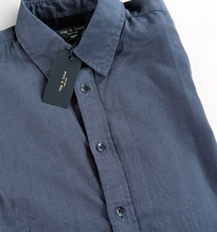 $200 NWT Rag & Bone Tomlin Stretch Dobby Button-Up Shirt in Dark Shadow LARGE