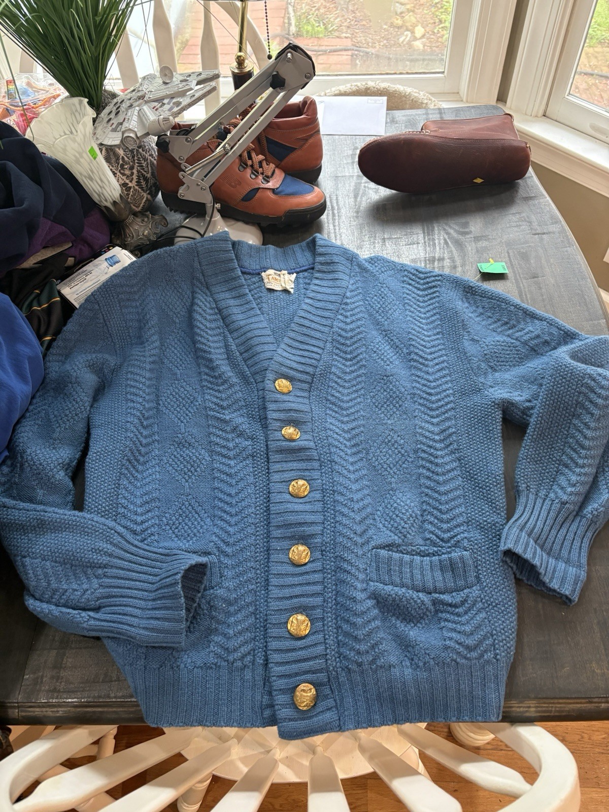 VTG CAMPUS Men’s Blue Fisherman Knit Cardigan Sweater Large Virgin Wool Metal
