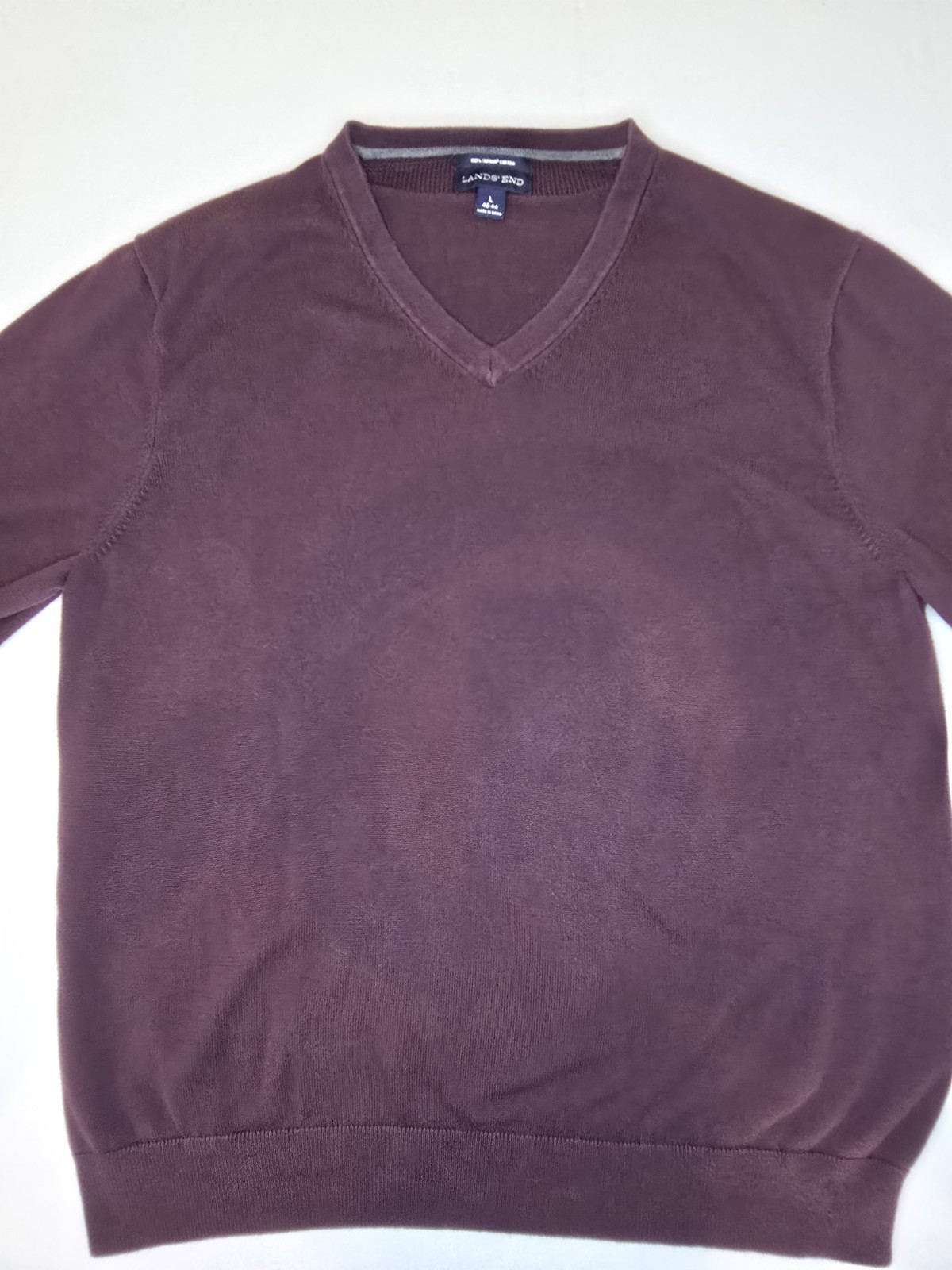 Lands’ End Men’s Large Supima Cotton V-Neck Sweater Burgundy Plum Long Sleeve