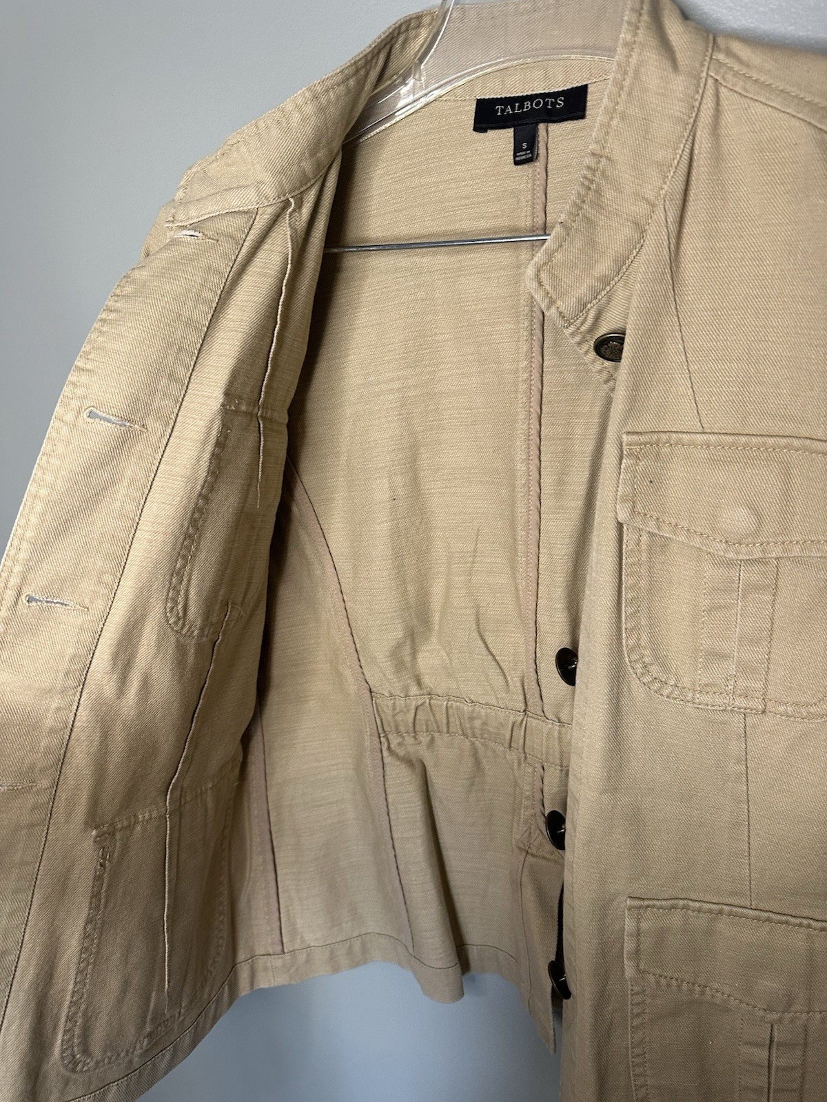 Talbots Jacket Womens Small Tan Utility Safari Military Button Cotton Khaki